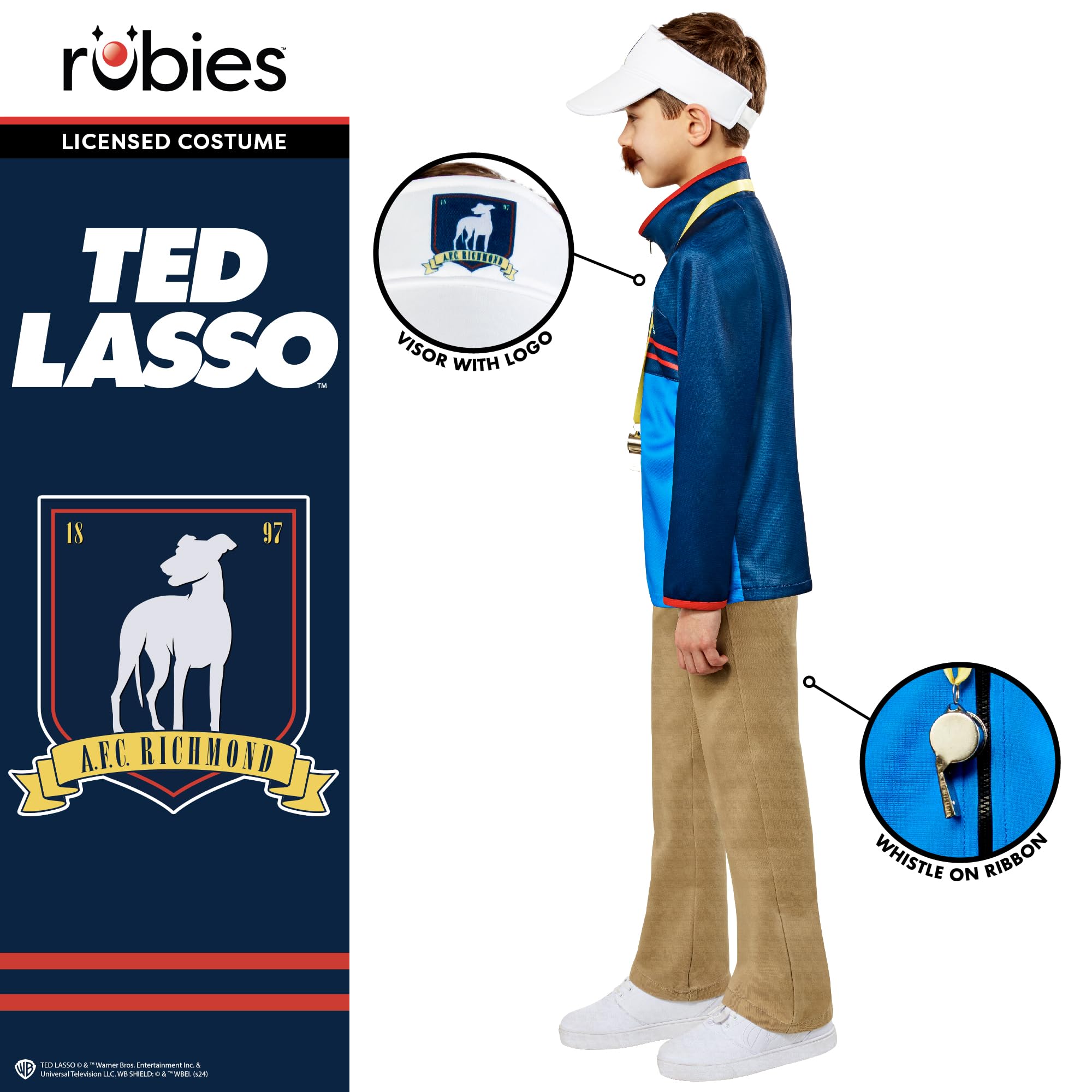 Rubies 1000772M000 Ted Lasso zestaw kostiumowy dla chłopców przebrania dla dzieci, wielokolorowy, 9-10 lat Halloween