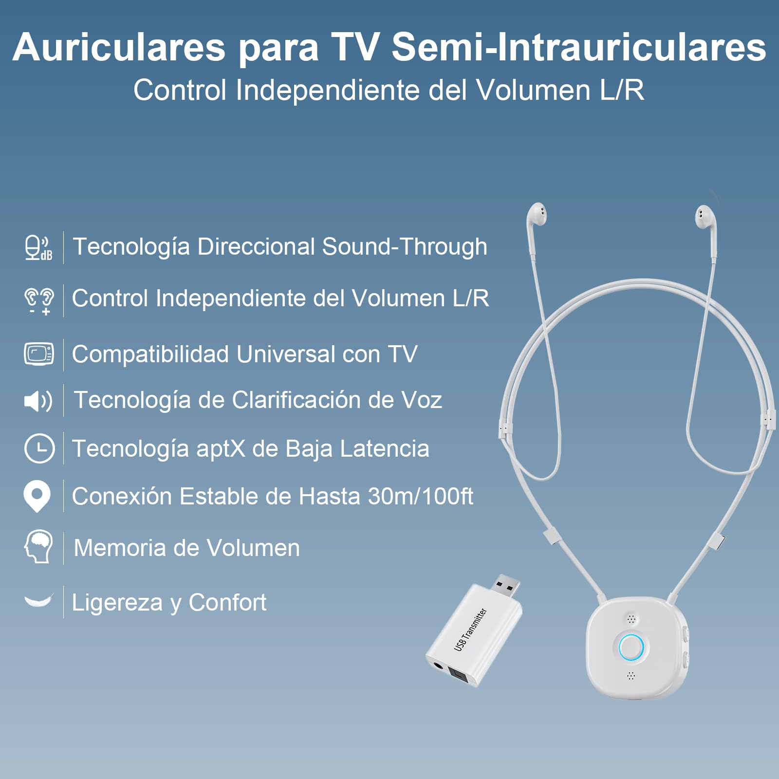 Auriculares Inalámbrico Independiente del Volumen L/R, Auriculares Semi-Intraauriculares con Cable Alrededor del Cuello, Con Transmisor USB para TVs, Teclas Grandes para Personas Mayores, Blanco