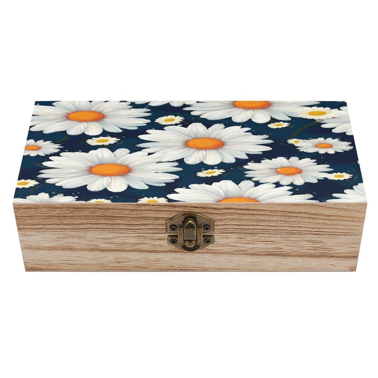 Btcowzrv Style Daisy Pattern Wooden Storage Box, Keepsake Box With Hinged And Retro Lock, Wood Jewelry Organizer For Photos & Mementos And Home Decor