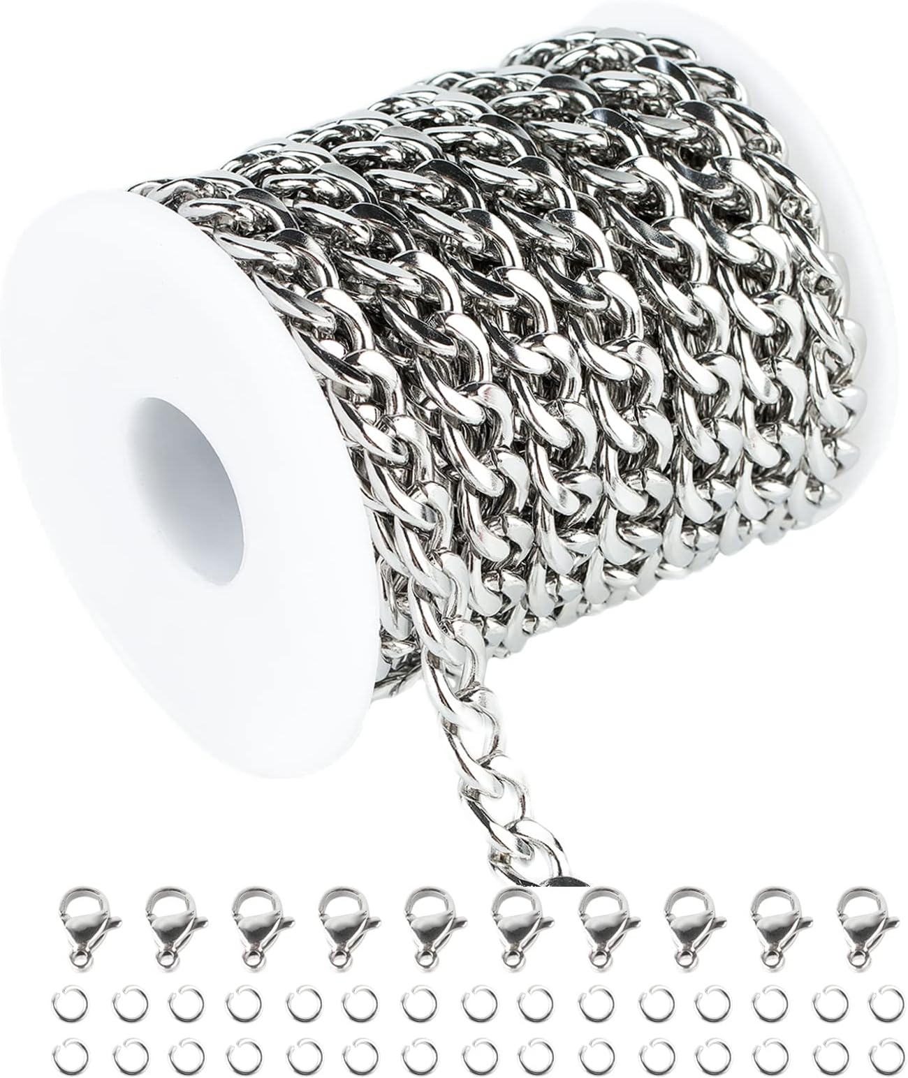 UMAOKANG 16.4 Feet Stainless Steel 10MM Cuban Chains for Men Hip Hop Jewelry Making Heavy Silver Chain Chunky Curb Cuban Link Necklace Bracelet Chain with Open Jump Rings Lobster Clasps