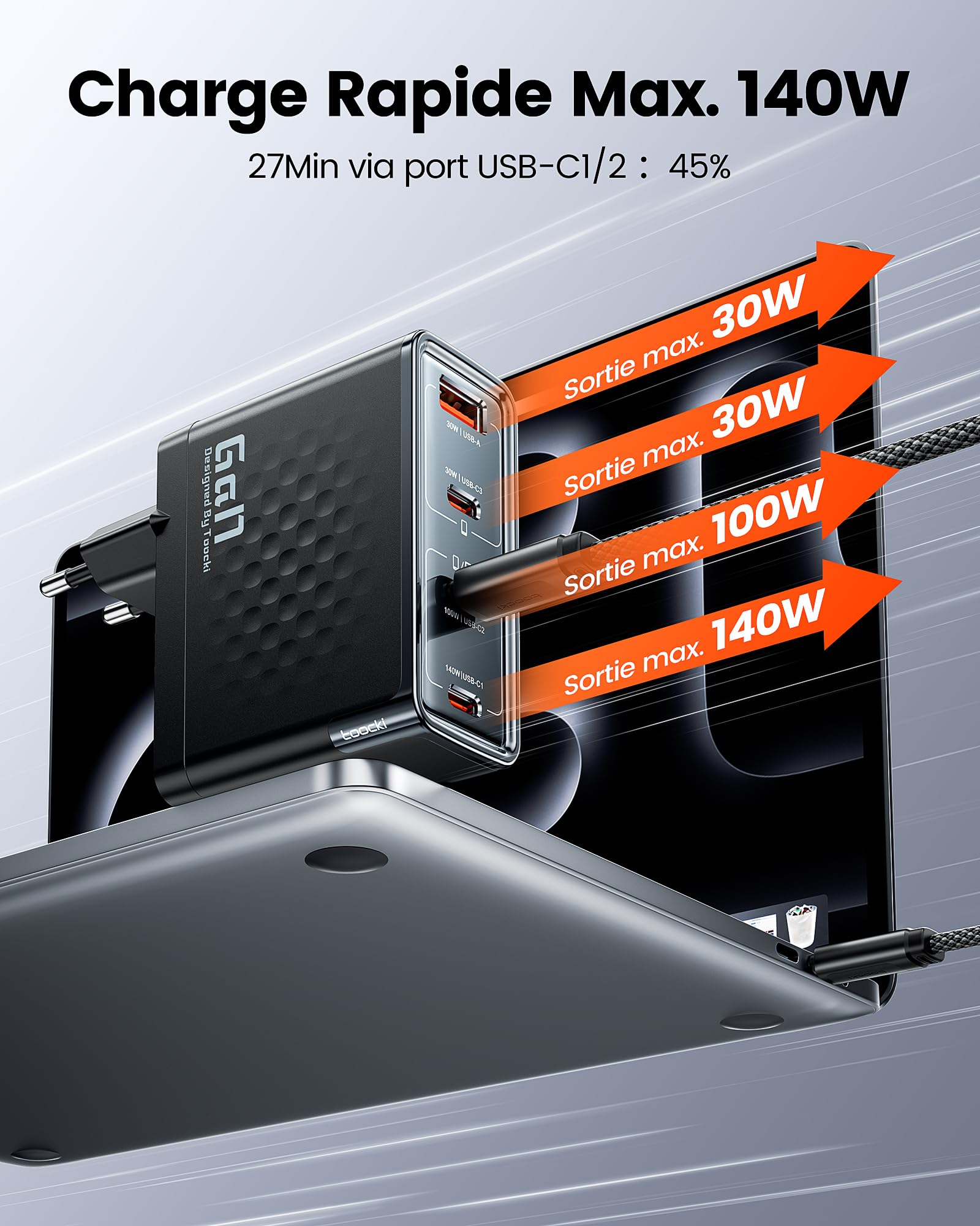 toocki Chargeur GaN 140W USB C, 4 Ports, PD 3.1, avec Câble Charge Rapide