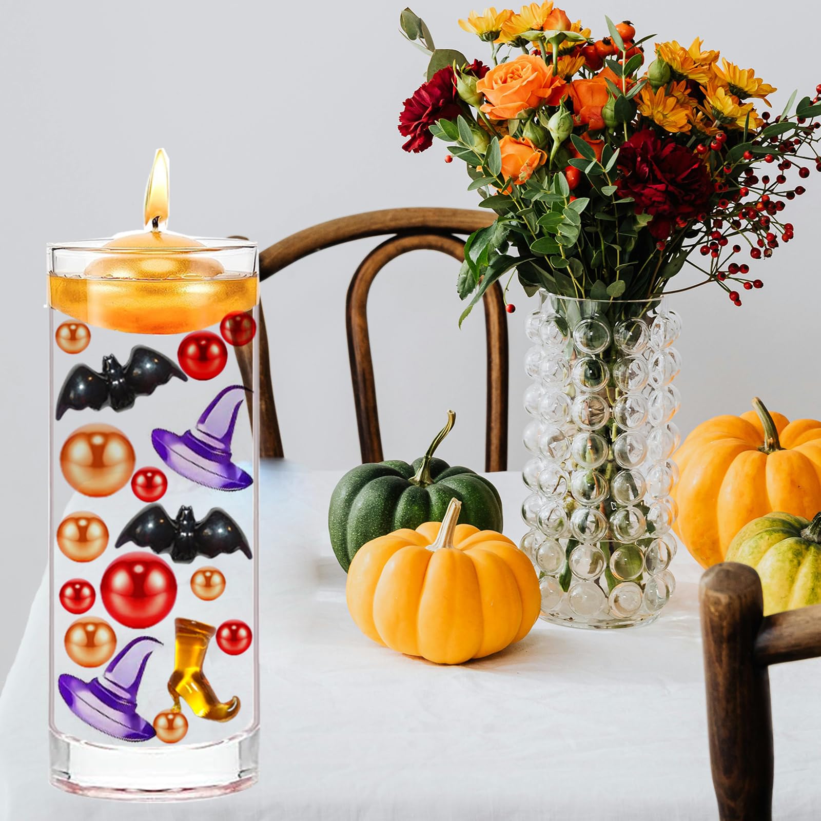 Cqueni 126PCS Halloween Vases Fillers, Orange Red Beads with Spider Ghost Witch Hats Witch Shoes Bats Set for Halloween Table Party Festive Decoration(Bat Witch Shoes Hat Set)