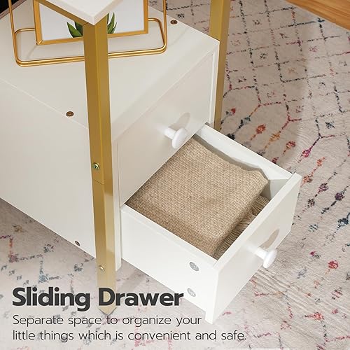 Miniatura 6 de HOOBRO Mesa auxiliar con estación de carga, mesa auxiliar estrecha con 2 cajones, puerto USB y tomas de corriente, mesita de noche para espacios