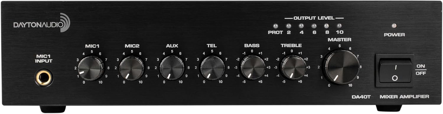 Dayton Audio DA40T 40W Tabletop Mixer-Amplifier 70V / 100V or 4 Ohm 2 Mic 1 Aux 1 Telephone Inputs