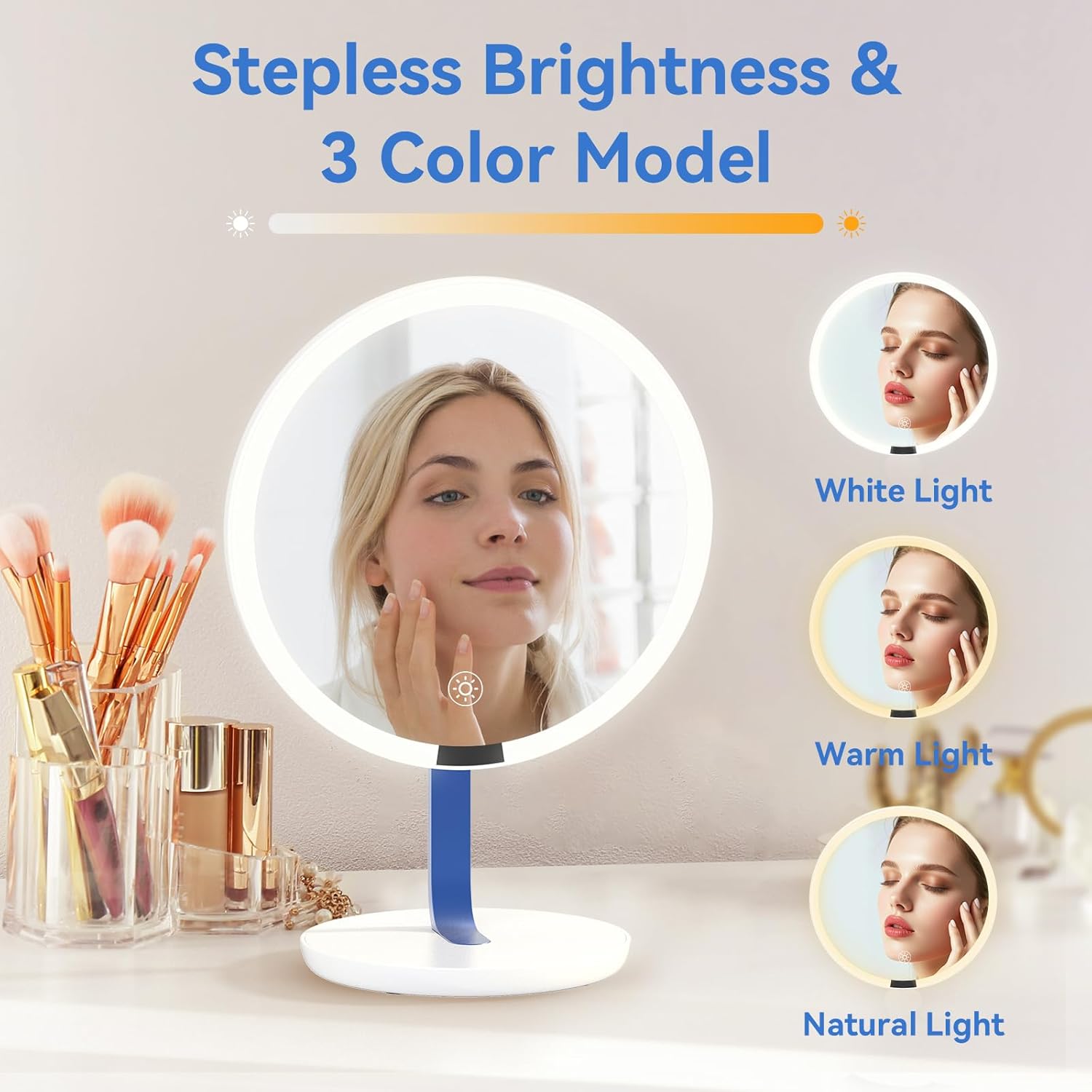 9.65-inch Lighting Makeup Mirror, 1x / 10x,Touch Control,3-Color Adjustable,Metal Stand,up and Down Adjustable Makeup Mirror, High Color Rendering, Eye-Protecting Light Source,Ultramarine