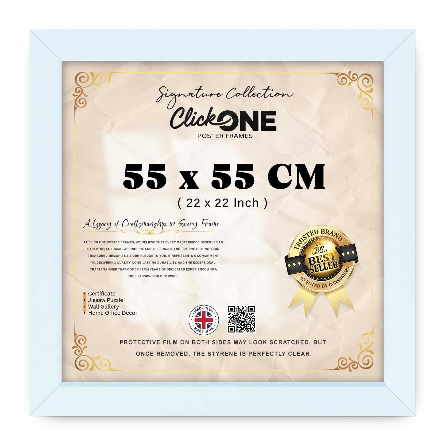 Click One — Sophisticated (55 X 55 CM) Poster Frame | Perspex Front For Crystal Clear Display Of Paintings And Photos, Ideal For Living Room, Office Or Bedroom, 22 X 22 Inch Crisp White
