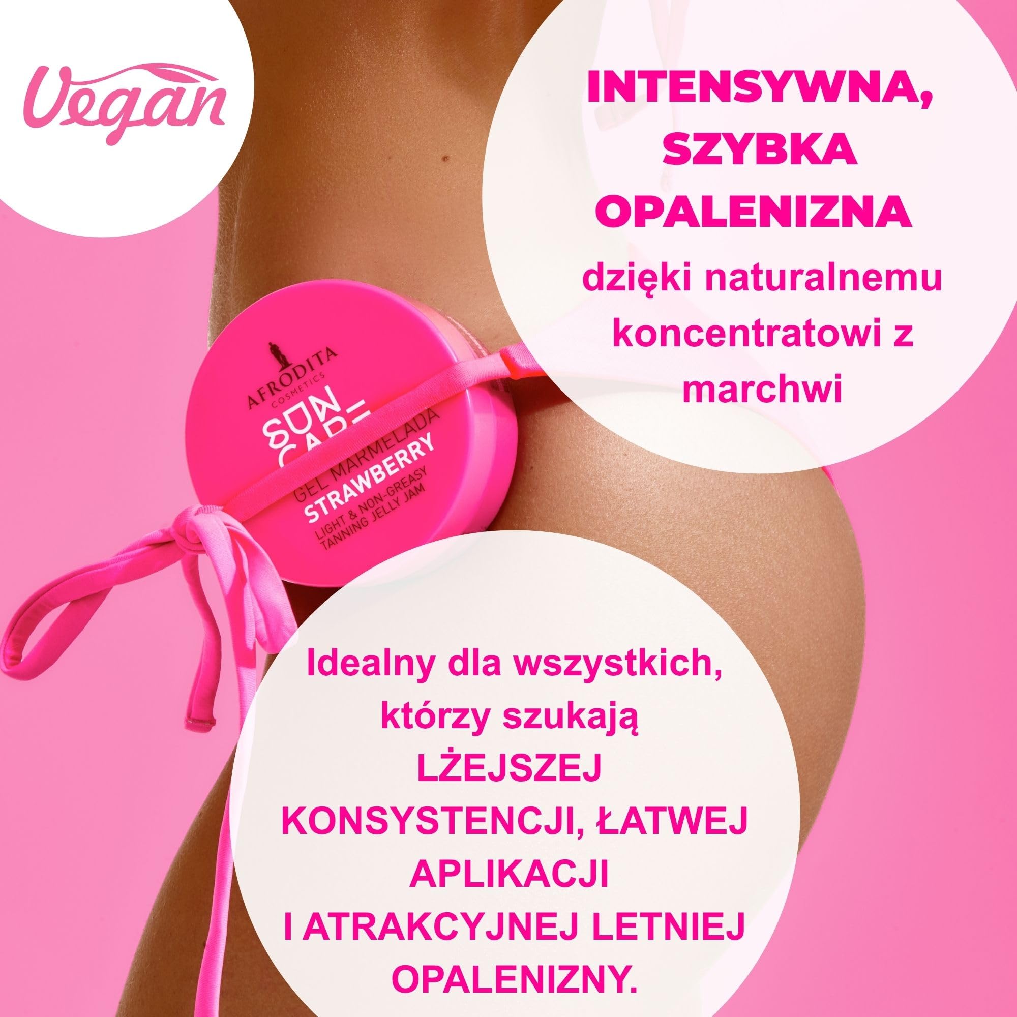 Afrodita Cosmetics Sun Care Żel truskawkowy - wegański akcelerator opalania z ekstraktem z marchwi i olejem kokosowym, lekka, nietłusta konsystencja żelu do szybkiej i intensywnej letniej opalenizny