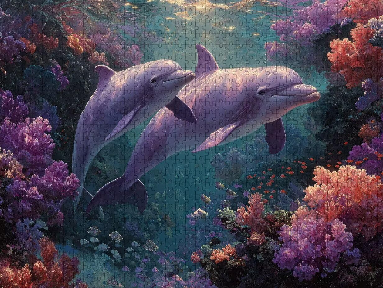 Puzzle 2000 elementów dla dorosłych delfin, drewniane puzzle, 99 x 70 cm, dla mężczyzn, kobiet, starszych seniorów, części ściśle do siebie pasują, dekompresja, dekoracja ścienna, prezenty dla