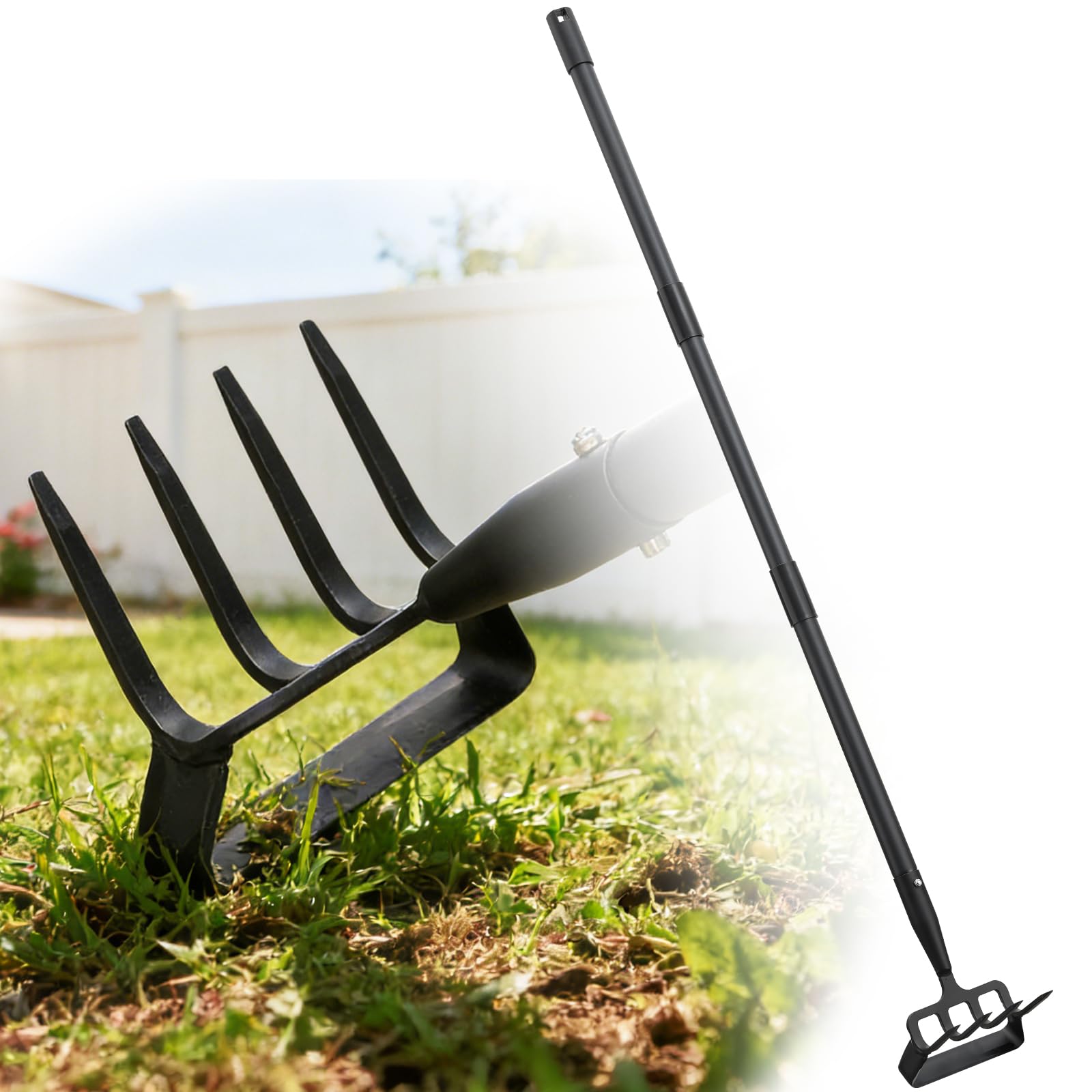 Azada de jardín 2 en 1, estribo y cultivador para deshierbar, tallo largo, ligero de pie push-pull hula, rastrillo de escarda para airear, cultivar y excavar (120 cm)