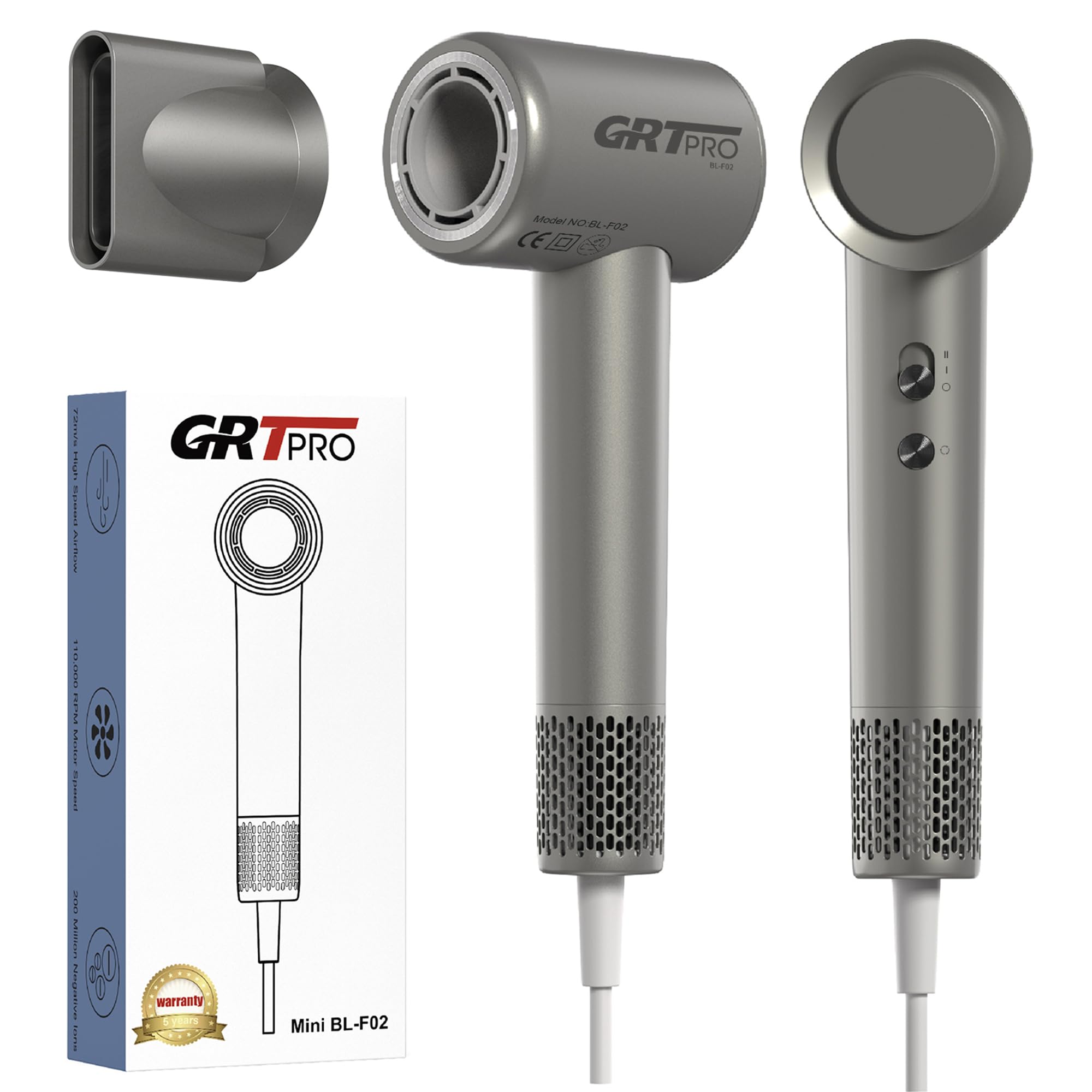 Mini Secador Pelo Profesional Ionico 2200W 110,000 RPM, Secadora de Pelo Pequeño 330g Styling Silencioso Boquilla Magnética de 360°, 200 Millones Iones Negativos Peluquería Hogar Viajar (mini gris)