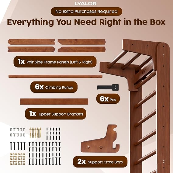 Walnut Swedish Ladder Stall Bars, Wall Mounted Premium Wooden Ladder | Wall Bars for Exercise with Adjustable Pull-Up Bar | Home Gym for Kids & Adults, Supports 320 lbs