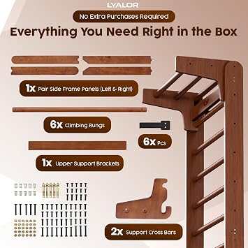 Walnut Swedish Ladder Stall Bars, Wall Mounted Premium Wooden Ladder | Wall Bars for Exercise with Adjustable Pull-Up Bar | Home Gym for Kids & Adults, Supports 320 lbs
