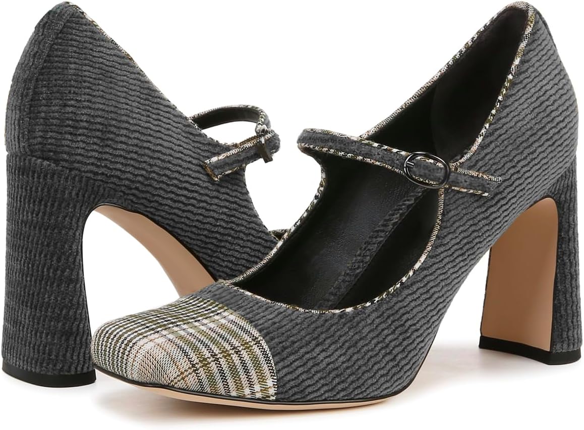 SHODENSE Women Chunky High Heel Mary Jane Pumps Shoes Square Closed Toe Ankle Strap Dress Sandals Two-Toned 3 Inch Block Heels Mary Janes Buckle Cap Toe Office Work Shoes Wedding Party Retro 4-11 M US