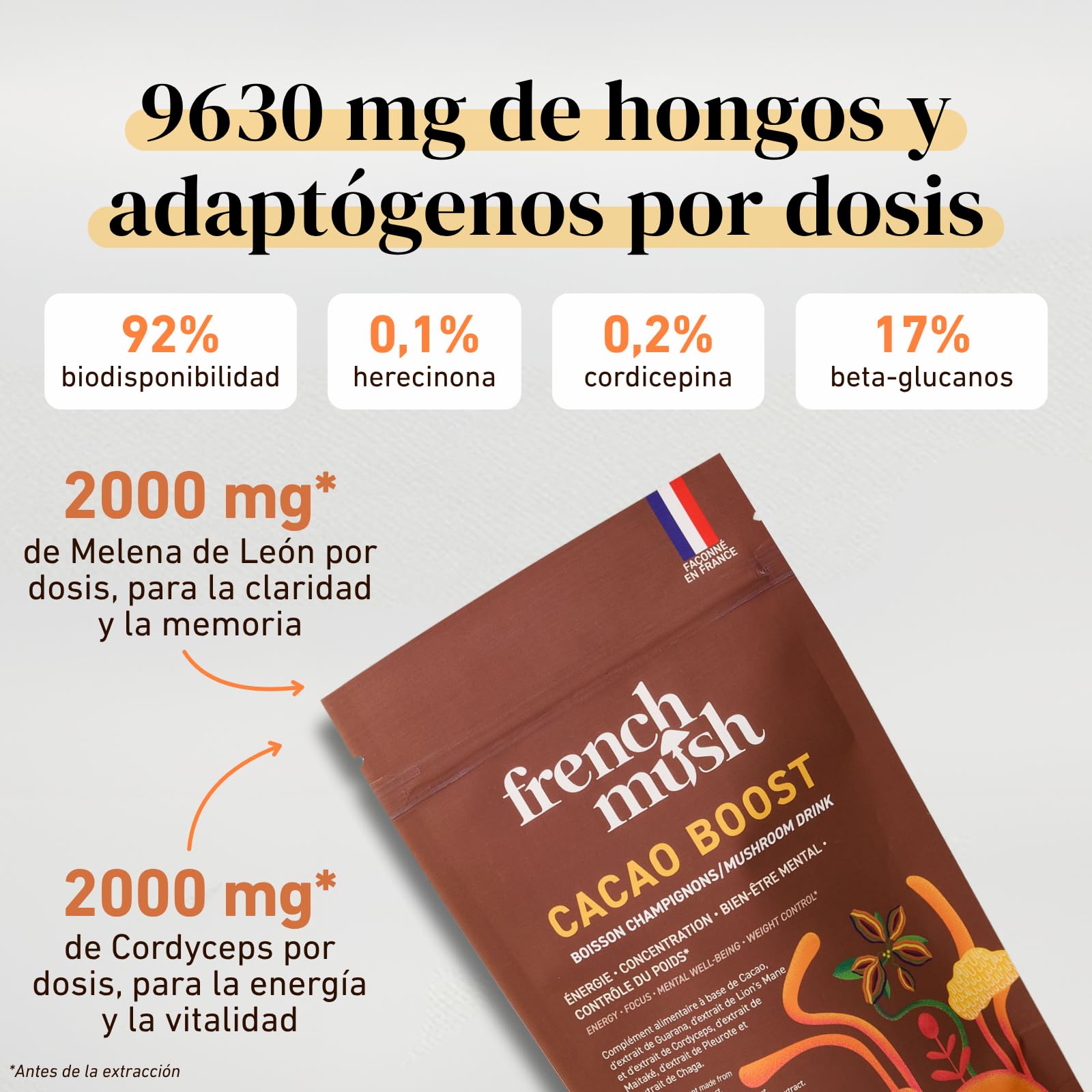 French Mush BOOST Cacao con Hongos Adaptógenos Ecológicos: Lion’s Mane, Cordyceps y Guaraná - Energía, Concentración y Digestión - Alternativa Vegetal al Café Soluble - Fabricado en Francia - 20 Dosis