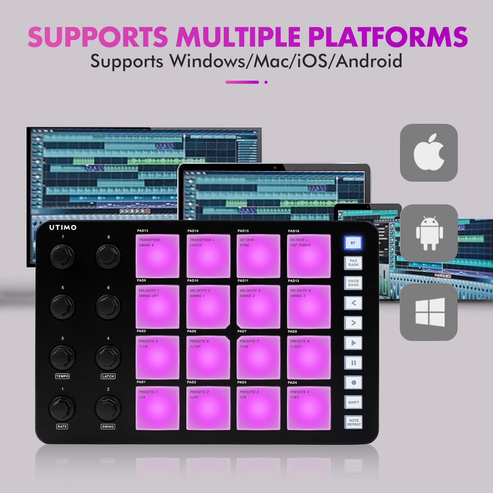 UTIMO Contrôleur MIDI Pad, SMC-Pad MIDI, Drum Pad 16 Touches RGB Rétroéclairé Clavier Musique Electronique Faible Latence Connexion Bluetooth Batterie Intégrée Noir