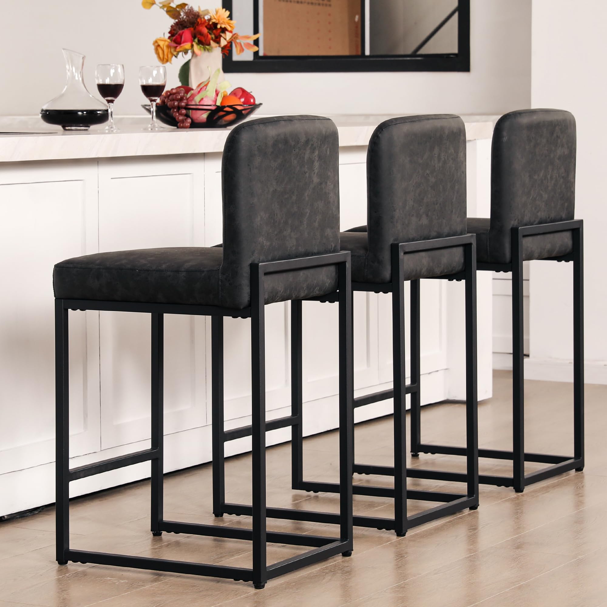 ALPHA HOME 24 Inch Bar Stools, Kitchen Counter Stools with Backs, Black Bar Stools Set of 3, PU Leather Barstools, Kitchen Stools with Back&