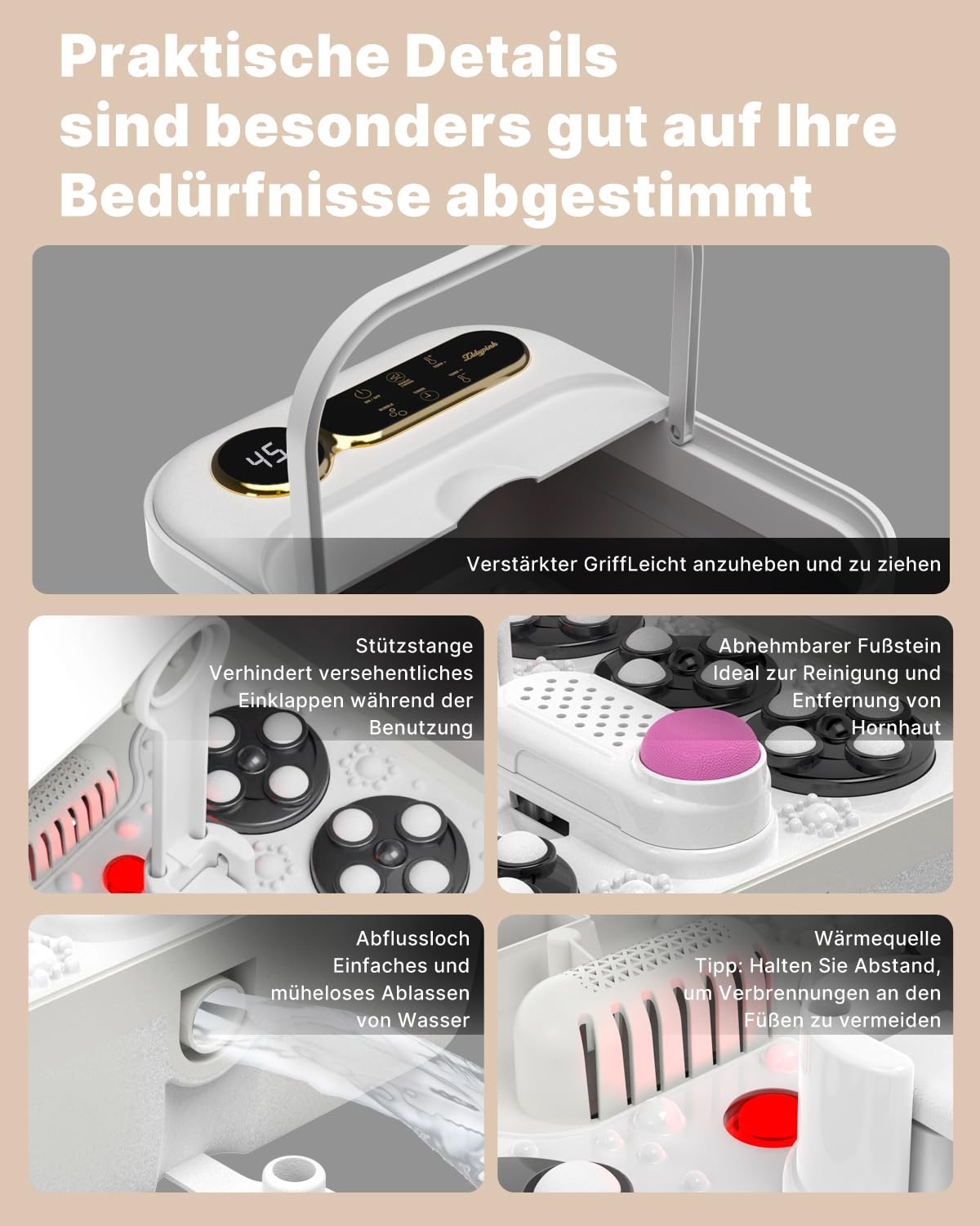 Fußbad Klappbar mit Massage und Heizfunktion, Fussbadewanne Massagegerät mit 24 Elektrisches Shiatsu Rollen, Blasen und Timer, Temperatur Halten, Pediküre Fußbad zur Entspannung müder Füße (weiß)