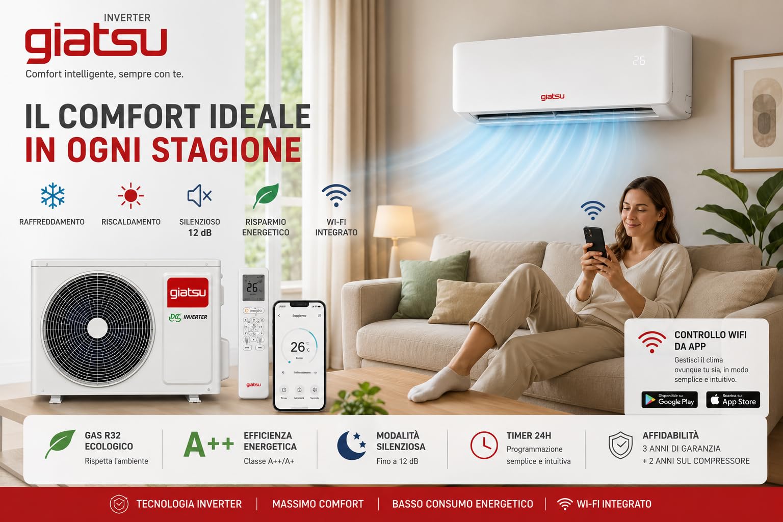 Condizionatore 12000 BTU Inverter – Climatizzatore Silenzioso Caldo/Freddo ad Alta Efficienza