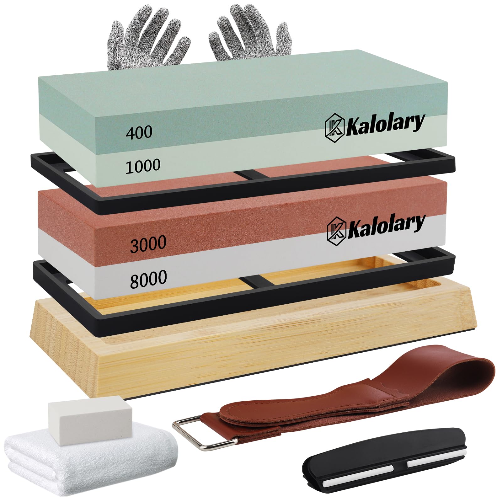 Kalolary Lot de 11 pierres à aiguiser double face Grain 400/1000 3000/8000 pour aiguiseur de couteaux avec guide d'angle Base antidérapante