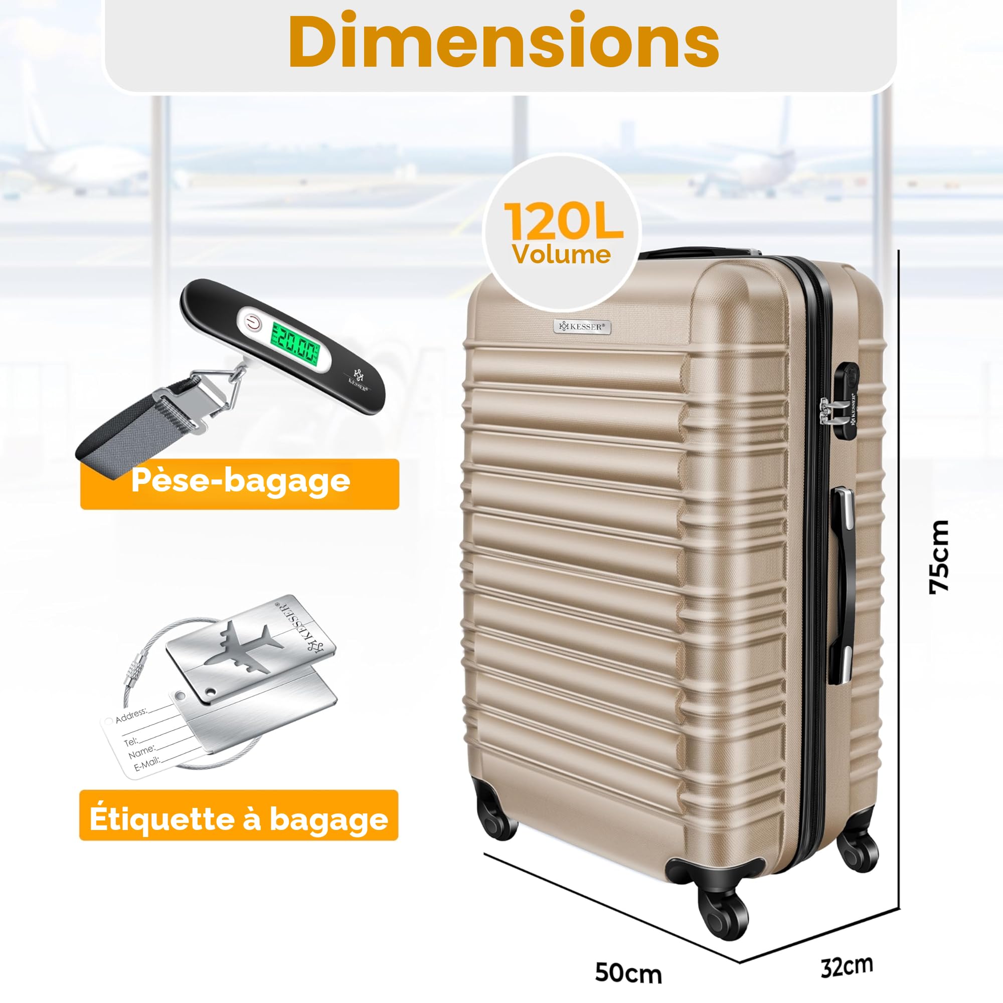 KESSER Valise de voyage rigide ABS 66cm avec pèse-bagage, trolley roulettes, poignée télescopique, champagne