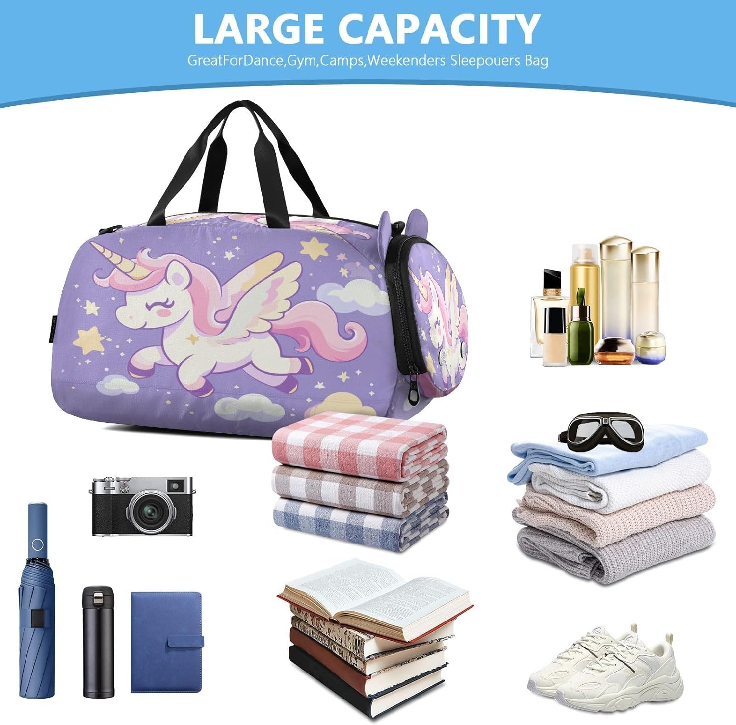 Unicorn Stars Lilac Kids Travel Duffel Bag for Boys Girls Overnight Weekend Tote Bag with Shoes Compartment for Sleepover Trip Beach