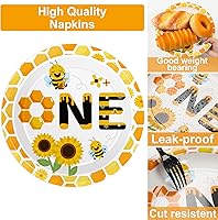 Vista 4 de Qyeahkj Juego de 100 platos de papel y servilletas de abeja, suministros para fiesta de primer cumpleaños, suministros para el primer cumpleaños
