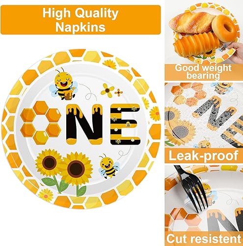 Miniatura 4 de 100 piezas de suministros de fiesta de primer cumpleaños de abeja, platos de papel y servilletas desechables para decoración de primer cumpleaños de
