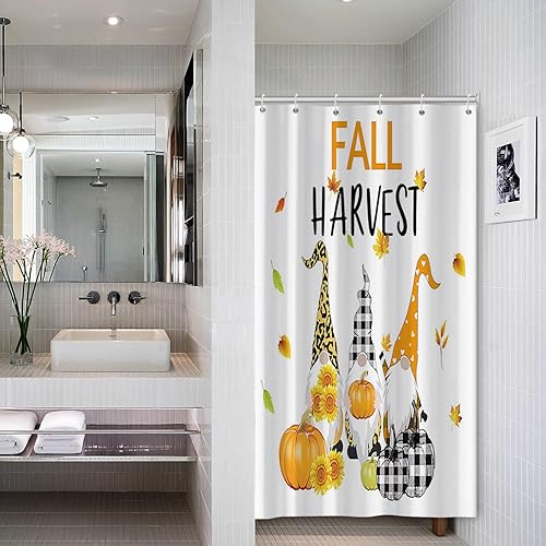 Vista 14 de Yeele Cortinas de ducha de otoño de Acción de Gracias, bonita cortina de ducha de gnomo y calabaza para baño, borde de rejilla blanca y negra