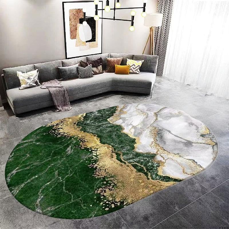 Alfombras ovaladas para sala de estar y dormitorio con ondas oro y verde, oval 80x140cm