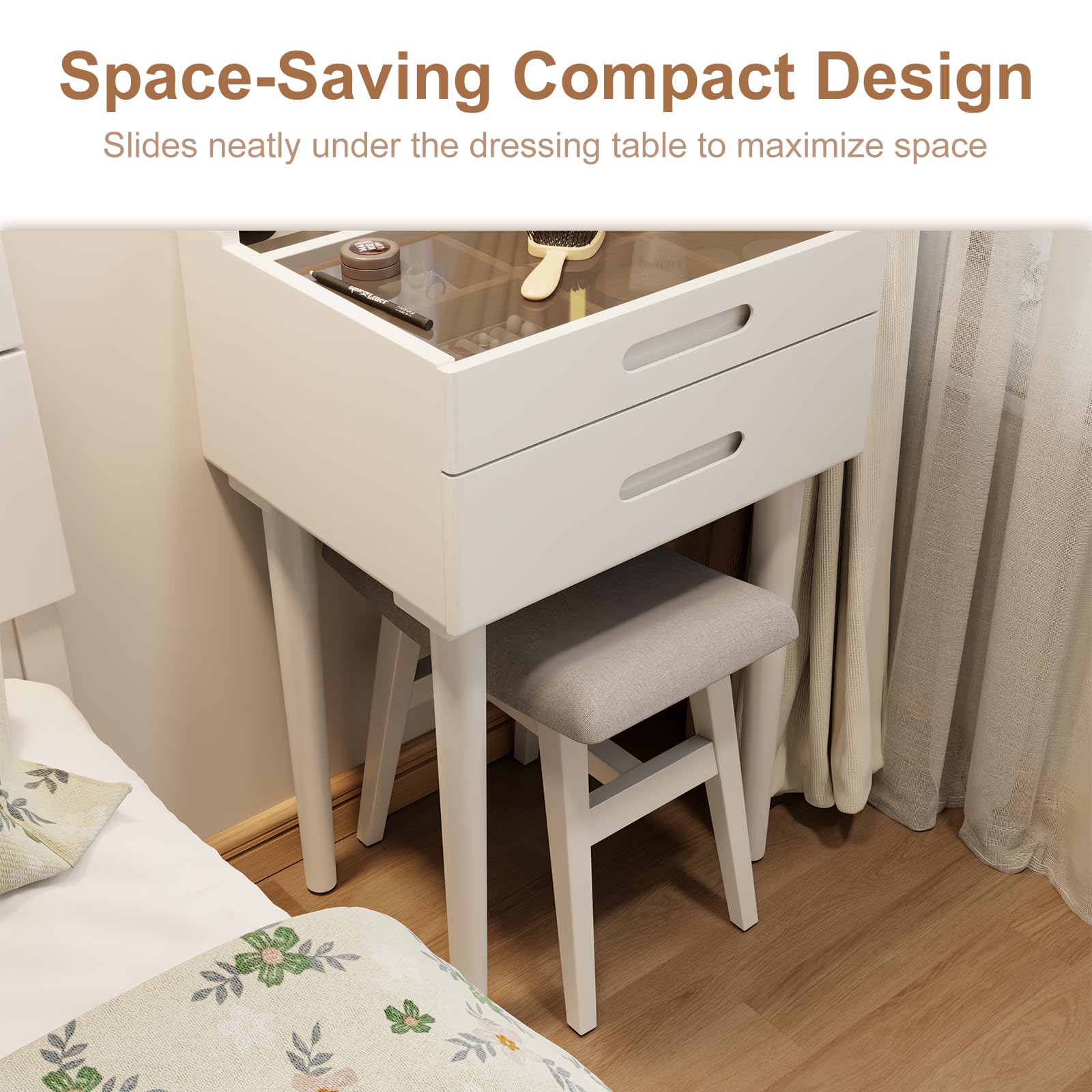 Taburete de tocador pequeño de madera maciza con cojín de sillín, asiento de esponja de alto rebote, silla de maquillaje de fácil montaje, reposapiés para dormitorio, entrada, blanco 8