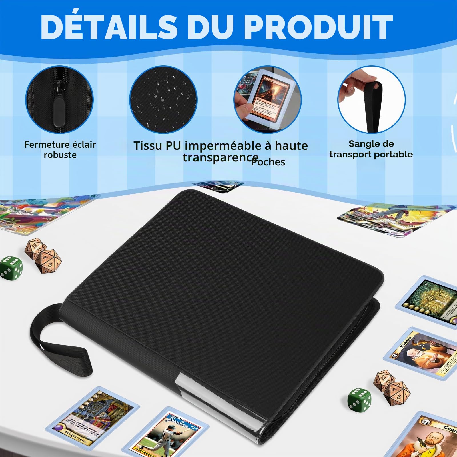 AOBOPLE Album de Cartes à Collectionner pour Top loader, 9 Pochettes 288 Cartes Classeur Carte 16 Pages Album de Cartes avec Fermeture Zippée, Porte Cartes pour top loaders Cartes 8,5 x 11 cm