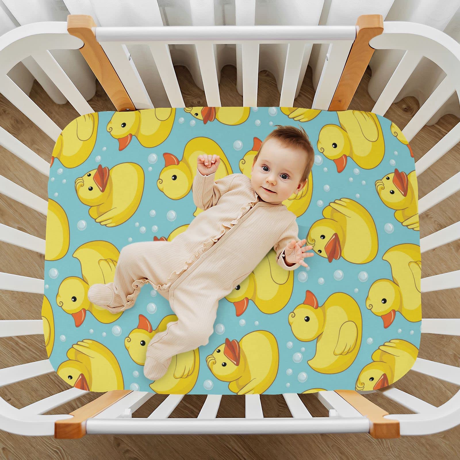 Spannbettlaken, Bettwäsche, Bettlaken für Kinderbett, süße gelbe Enten, weich, atmungsaktiv, pflegeleicht, Spannbetttuch für Babybett und Kinderbetten