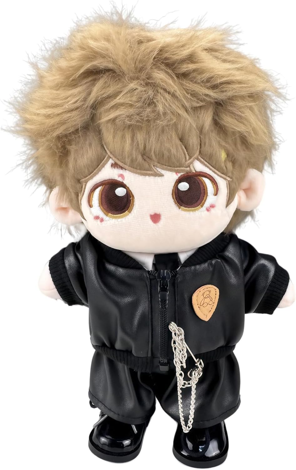 20cm Doll Clothes Set - Complete Black Faux Leather Jacket Outfit with Pants, Shirt, Bow Tie & Shoes for 8 Inch Plush Cotton Dolls, Cool School Style