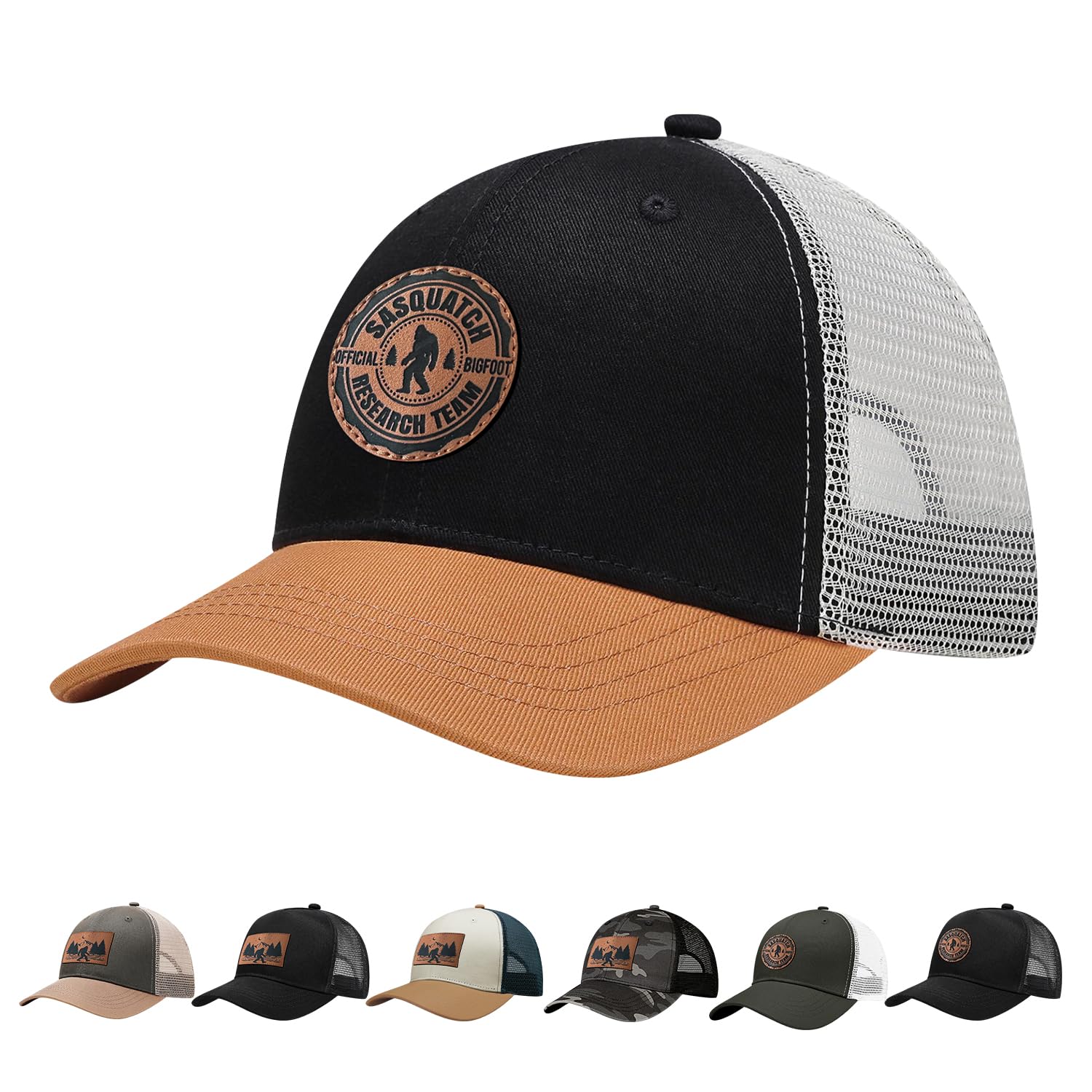 Llztwowd Men's Black Orange Bigfoot Hat With Leather Sasquatch Baseball Cap For Boy Gifts For Dad Hats Sports Trucker Caps, One Size