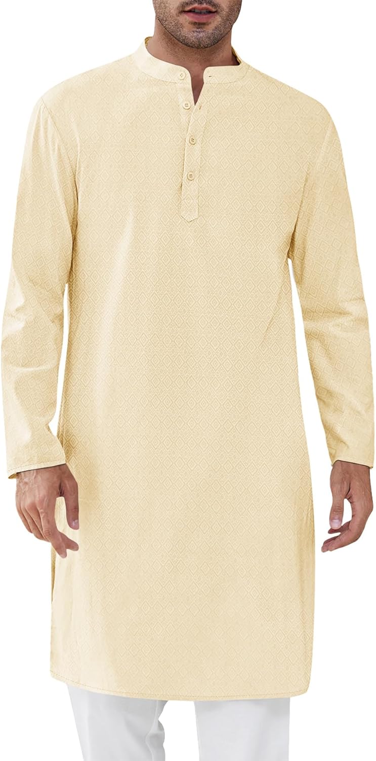 Runcati Mens Kaftan Thobe Textured Henley Shirt Long Sleeve Robe Casual Muslim Gown Shirt