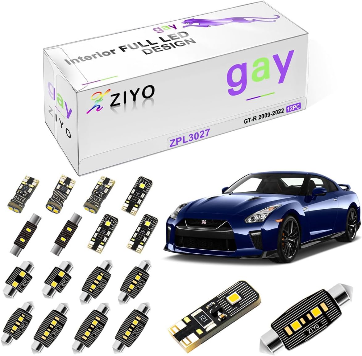 ZIYO ZPL3027 - (12 Bulbs) LED Interior Light Kit Replacement for Nissan GT-R 2009-2022 GTR + License Plate Light Bulbs Package, 6000K Xenon White Dome Lights Upgrade