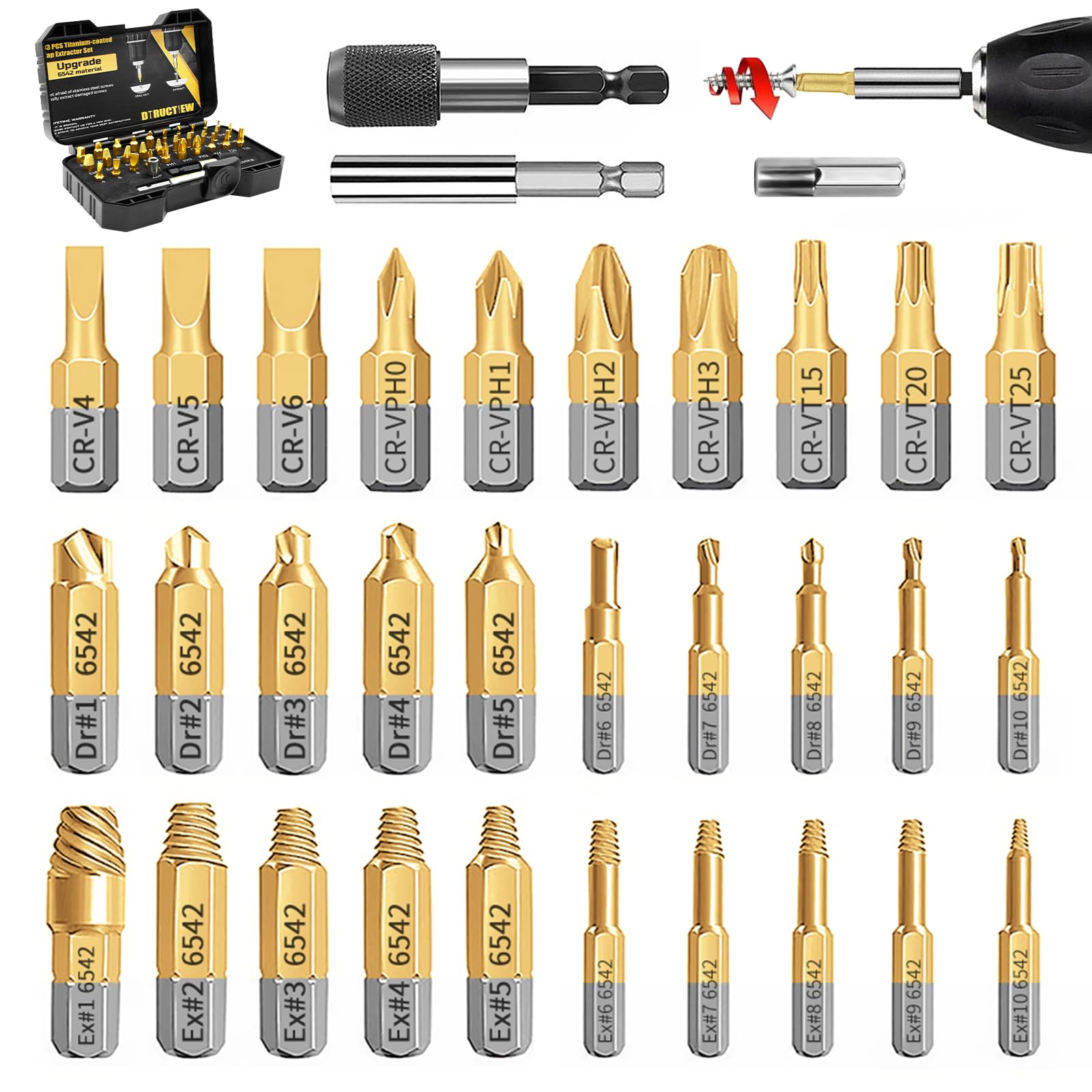33 PCS Screw Extractor Set, HSS 6542 Titanium Easy Out Screw & Bolt Remover Kit with Magnetic Extension & Socket Adapter for Stripped, Broken, Rusted