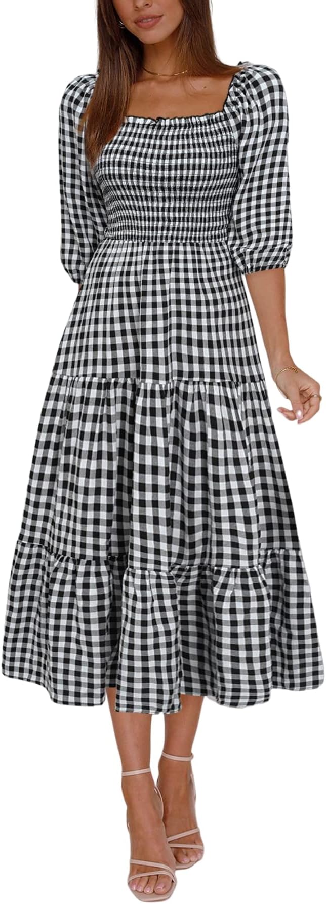LANISEN Women's Gingham Midi Dress Square Neck 3/4 Sleeve Ruffle Summer Plaid Smocked Dress