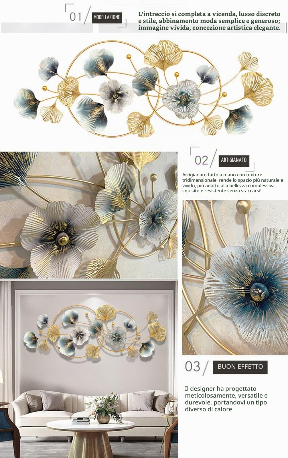 TFRYH Decorazione da Parete in Metallo per Soggiorno, Foglie di Ginkgo Accenti con Decorazione Artistica