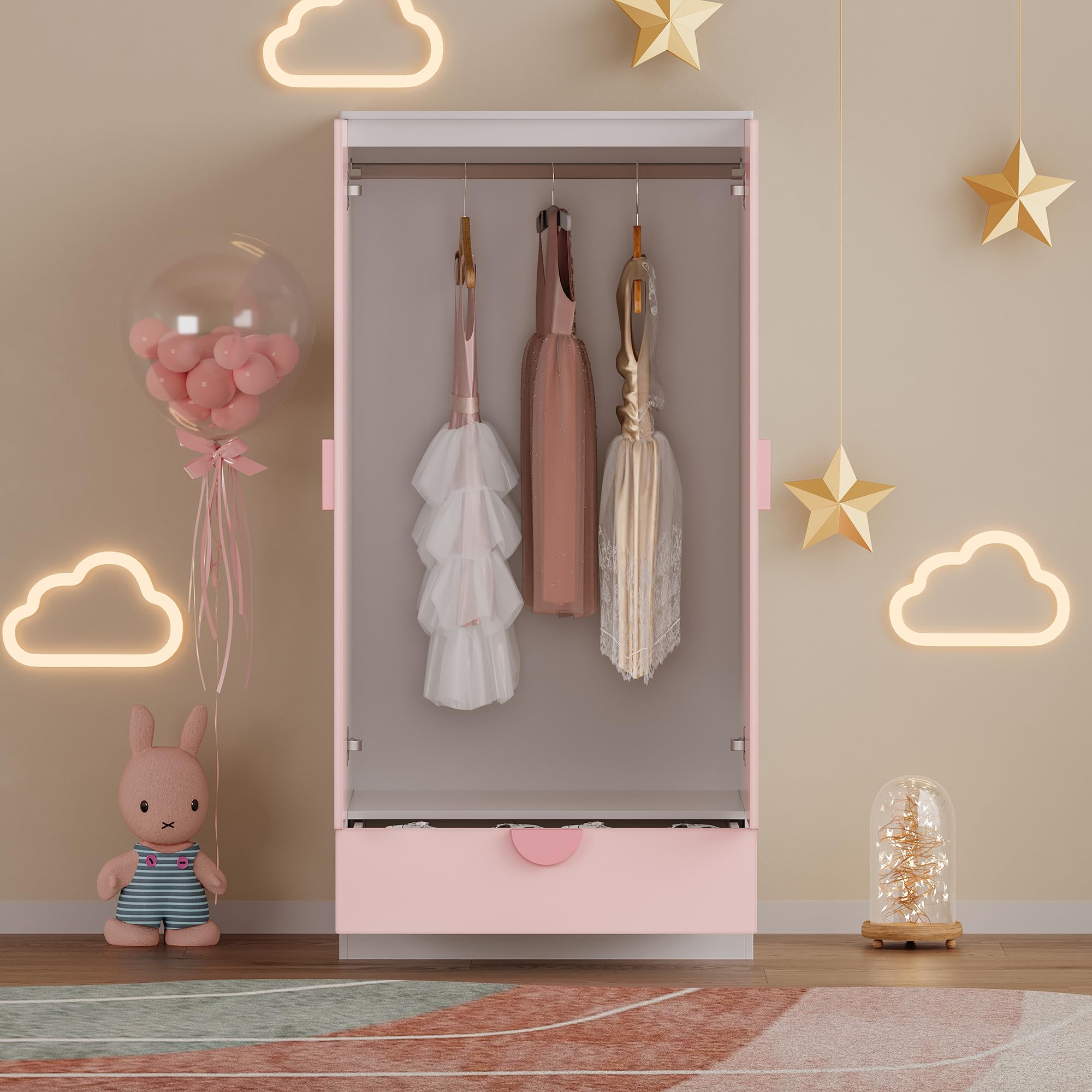 Armario Ropero Infantil Sandnes 2 Puertas con Cajón y Barra 123x60x40 cm Blanco/Rosa