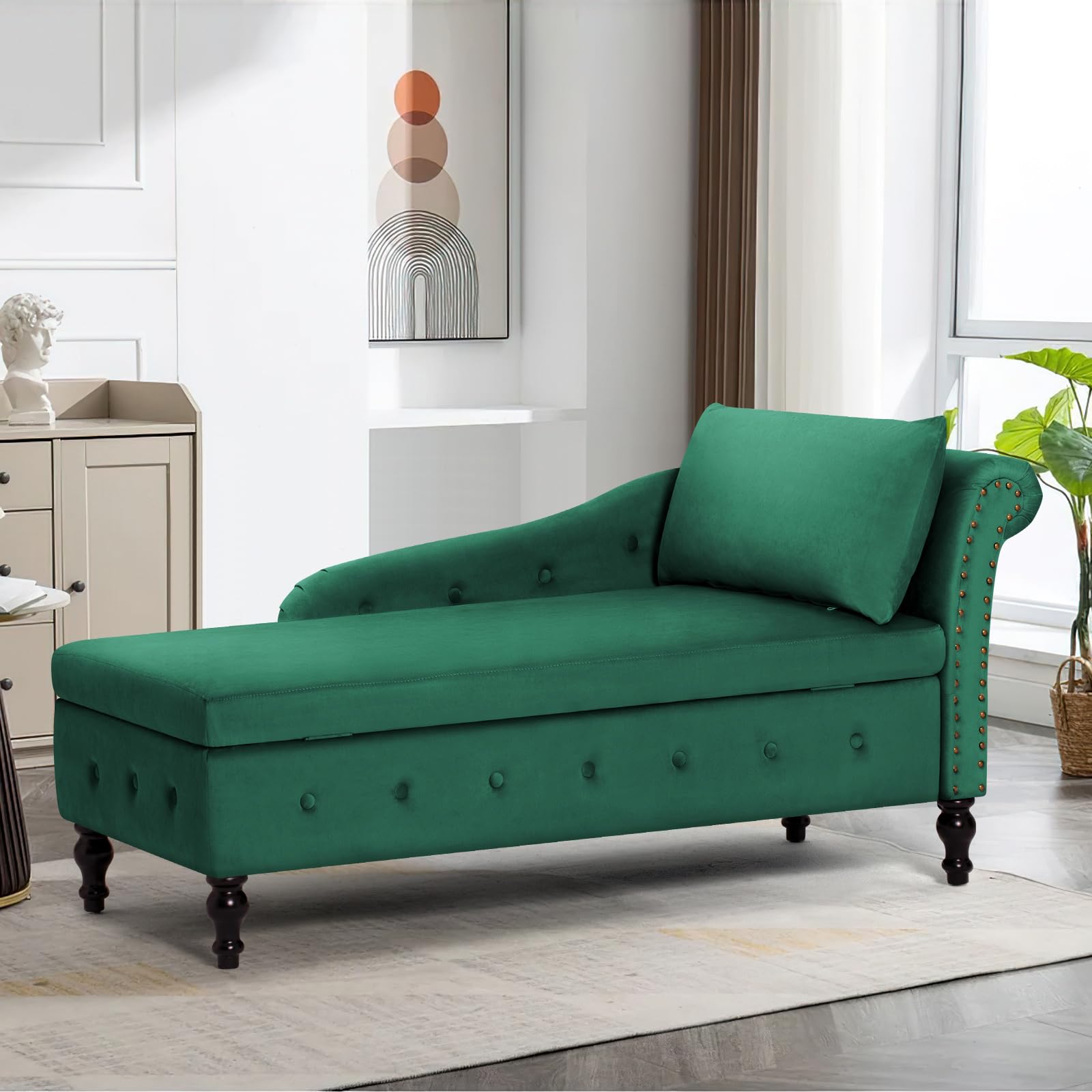 Chaise Lounge with Right Armrest & Lumbar Pillow,Button Tufted Lounge Sofa with Storage,Lounge Chair Indoor,Modern Upholstered Velvet Lounge Chair for Bedroom, Living Room and Office,Green