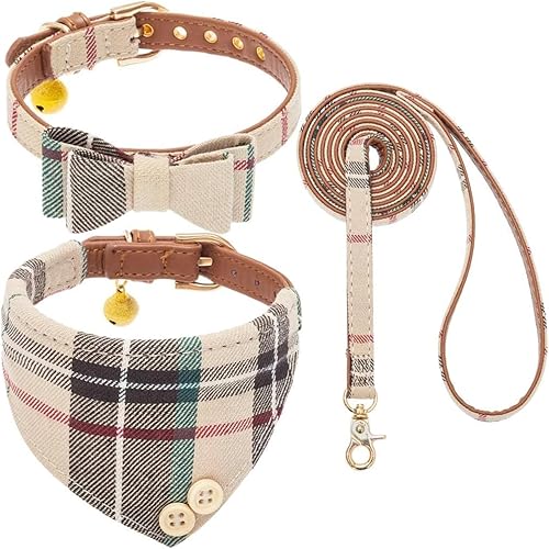 Juego de collar y correa para perros pequeños con pajarita, collares de correa para cachorros, a cuadros beige clásicos, tamaño ajustable con