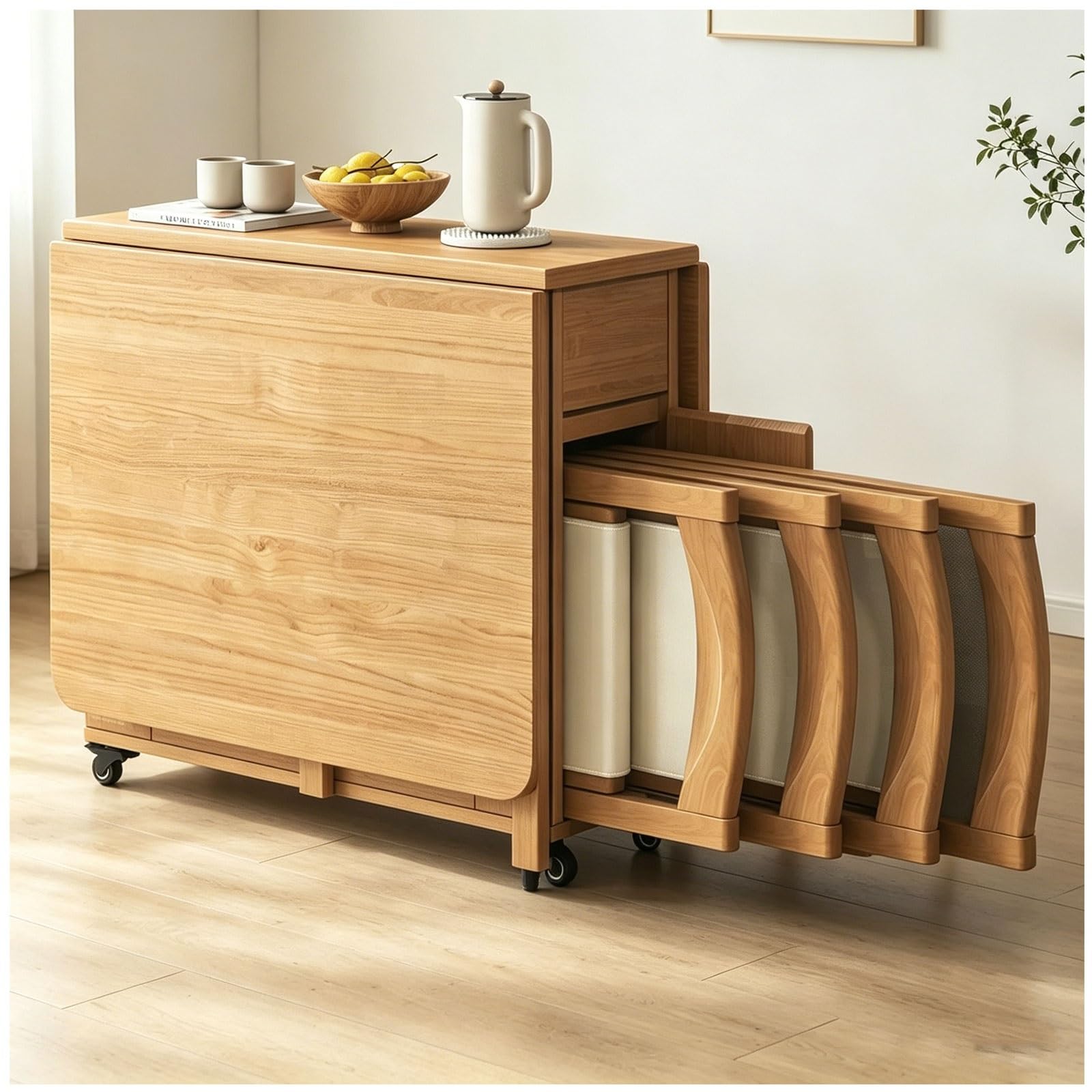 Genérico Juego de Mesa de Comedor Plegable, Mesa de Madera Maciza con alas abatibles con 4 sillas, Ahorra Espacio, Comedor Plegable Extensible Ideal para Cocina, Sala de Estar o Restaurante-1,4 m