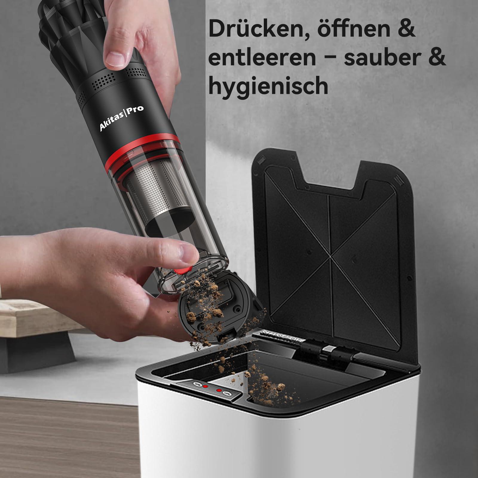 Akitas Pro H2 Handstaubsauger, Handstaubsauger Akku - 0,5 kg Ultra-Leichter Staubsauger: Bis zu 26 Min. Laufzeit, HEPA- & Stahlfilter, 2-in-1 für Auto, Sofa & Zuhause