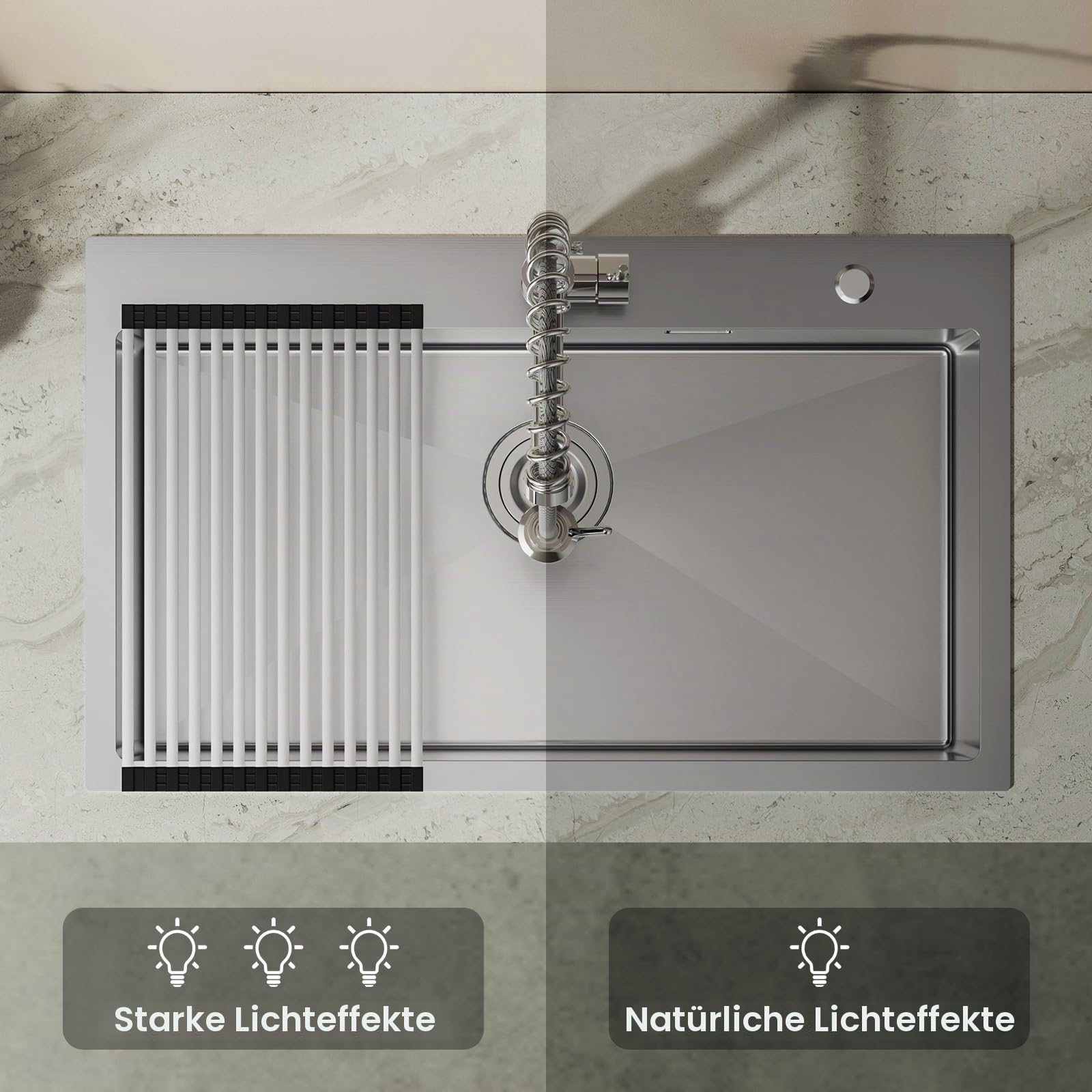 CECIPA Küchenspüle 75 × 45 cm aus gebürstetem Edelstahl, Einbauspüle für Arbeitsplatten ab 80 cm, mit faltbarem Abtropfgestell, Überlauf & Ablaufgarnitur