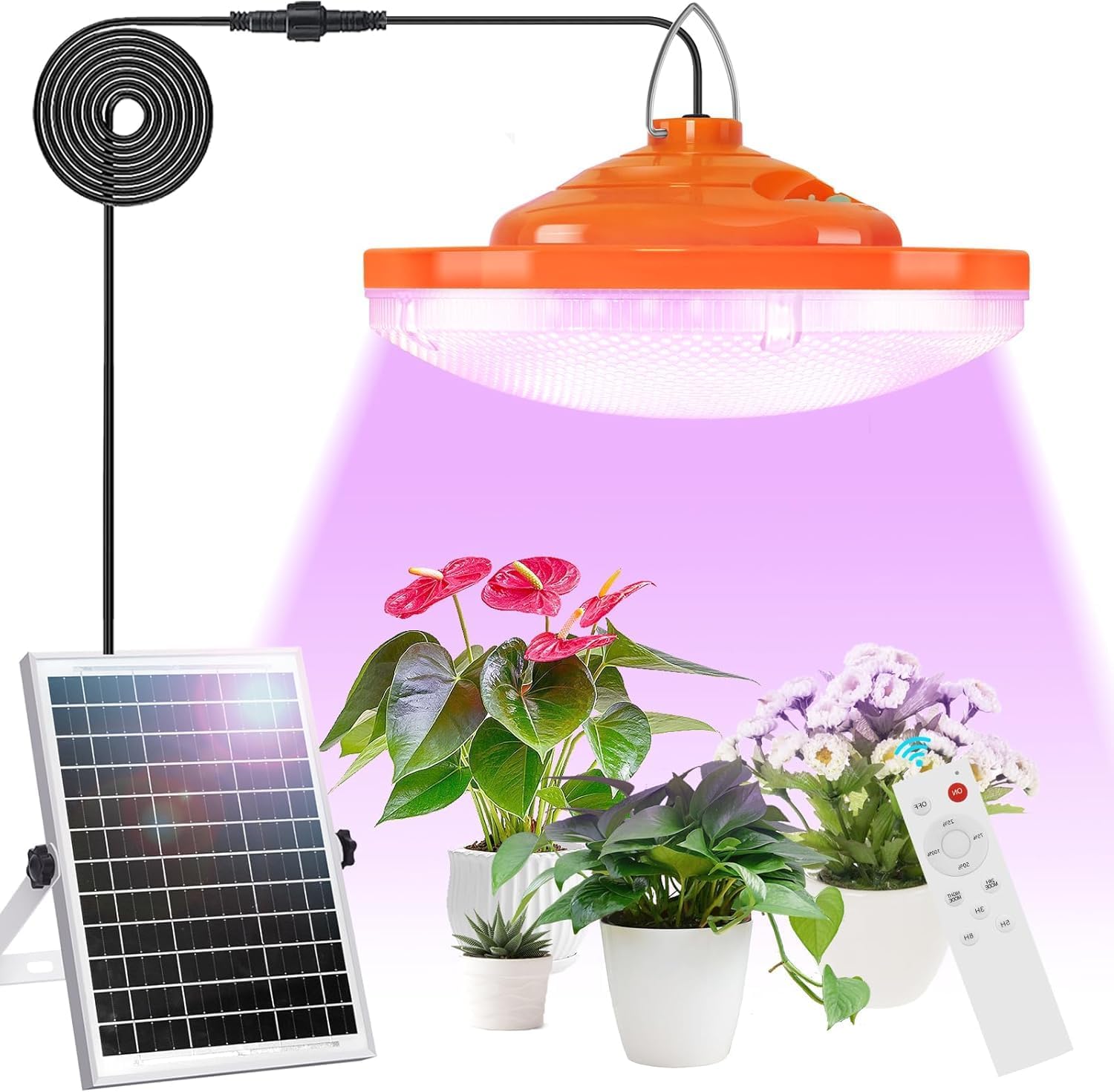8" Solar Grow Light for Indoor Outdoor,Full Spectrum with 96 LEDs, Timer (3/5/8H), 3 Spectrum Modes with a Remote,Includes 16.4FT Connection Cable, Ideal for Growing All Plants