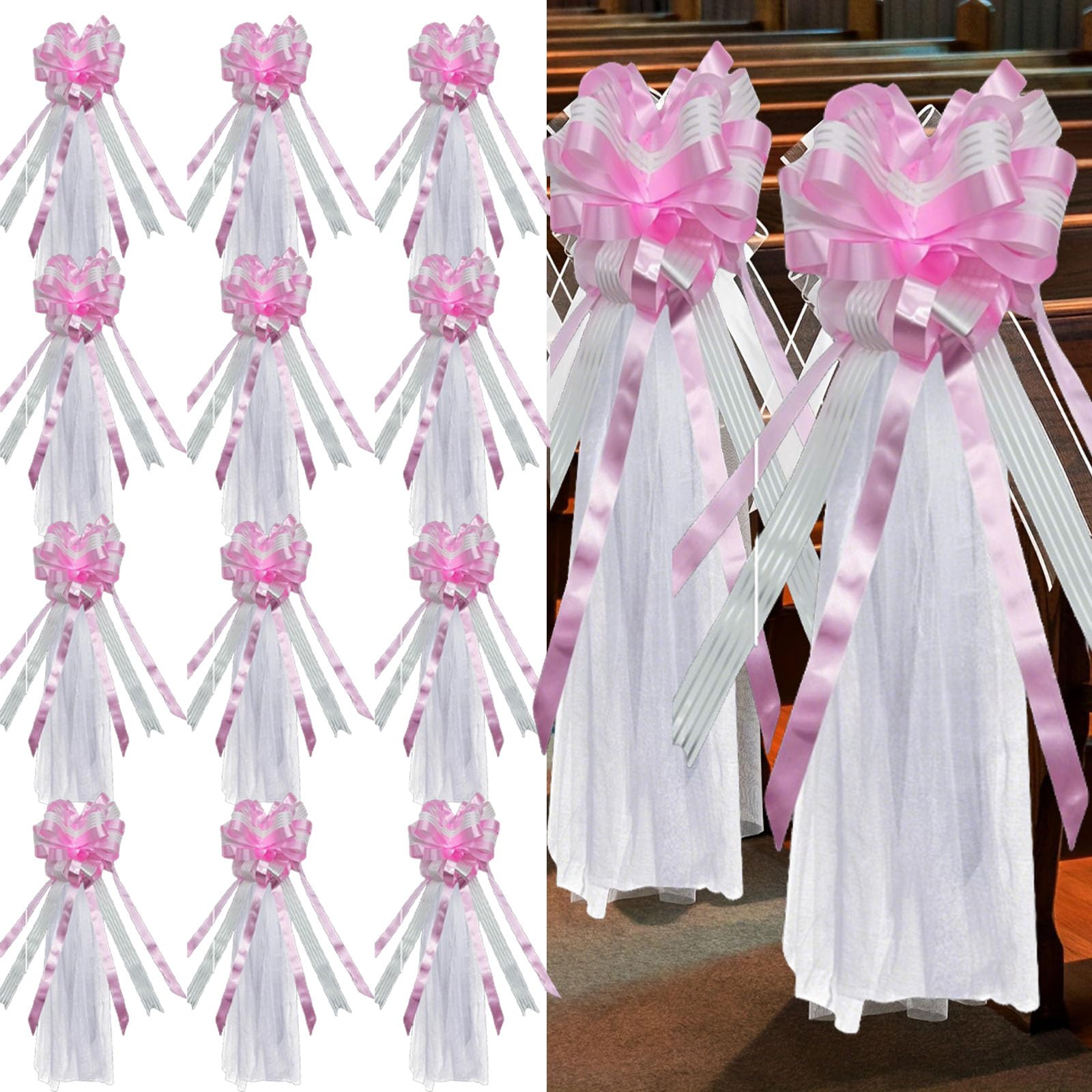 12er-Set Hochzeitsschleifen mit Tüllschwänzen, Autoschleifen Hochzeit Stuhlschleife, Geschenkschleifen Ziehschleifen mit Tüll Dekoschleifen Große Tüllschleifen für Hochzeitsgang Deko Kirche