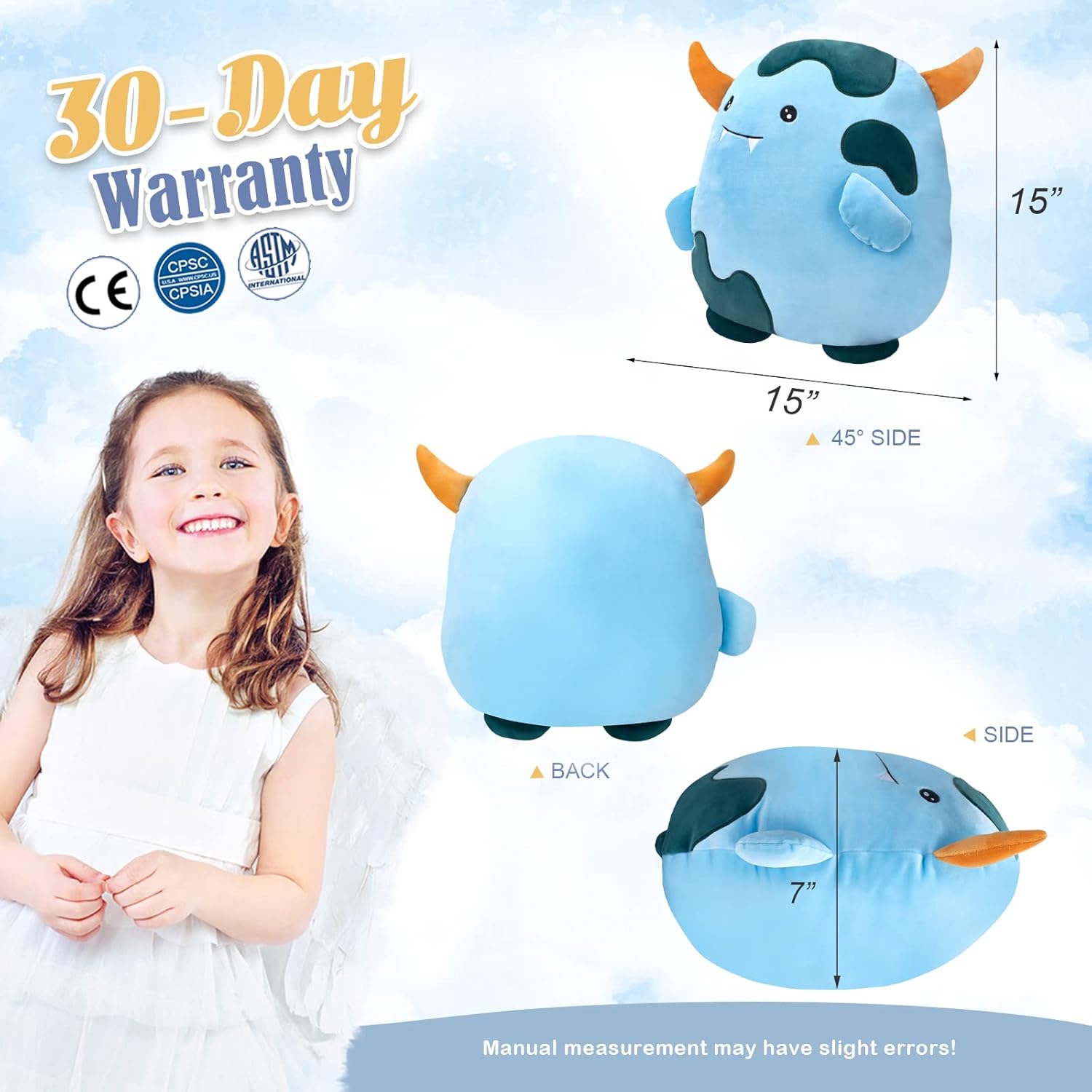 15‘’ Cute Monster Stuffed Animal Plush Pillow Super Soft Sofa Cushion Stretchy Plushy Toy Decors Birthday Valentines Gifts