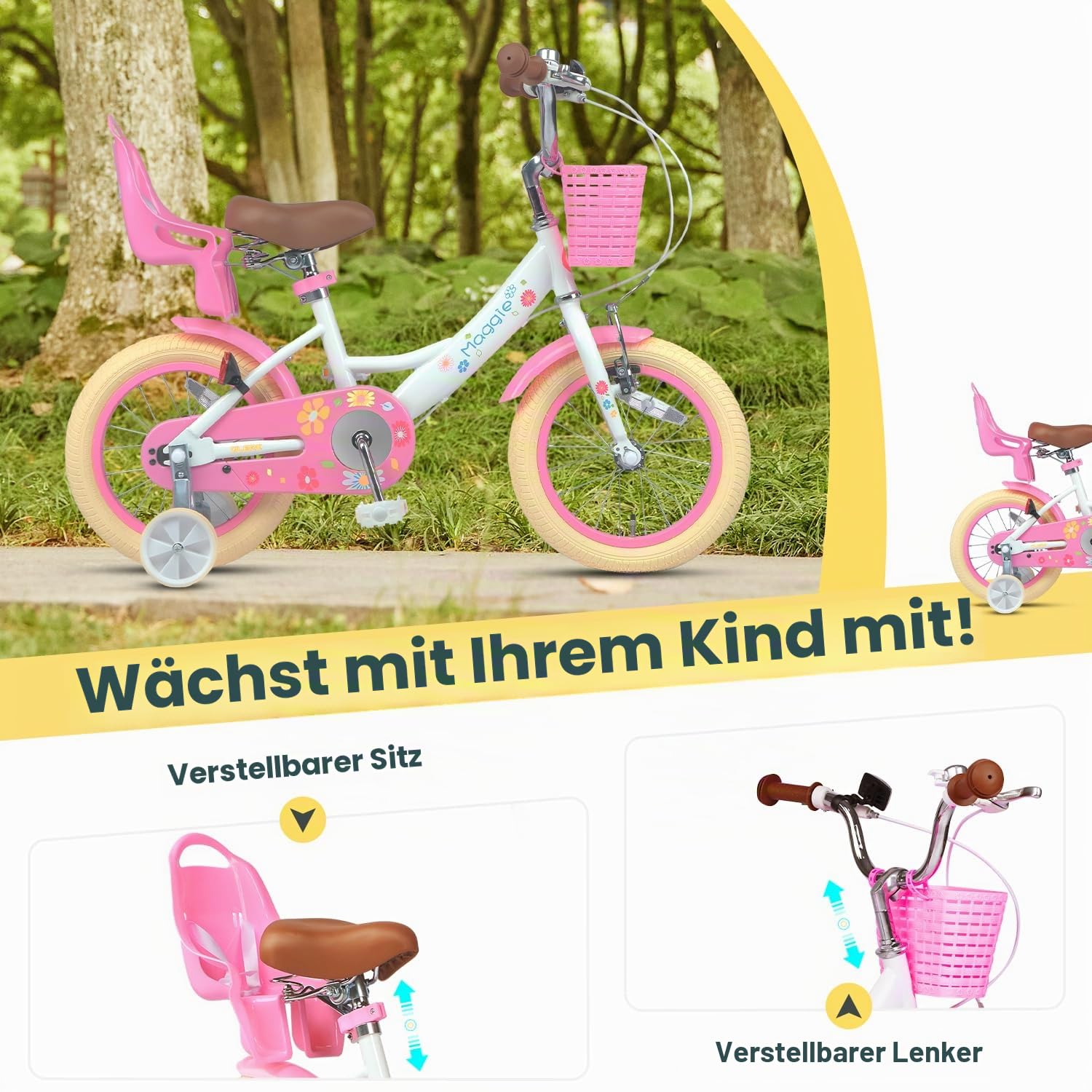Glerc Maggie 14 Zoll Mädchen Fahrrad Alter 2 3 4 5 6 7 Jahre, Kinder und Kleinkinder Prinzessin Fahrrad Barbie Fahrräder mit Puppe-Sitz & Korb & Stützräder für Geschenk, Weiß