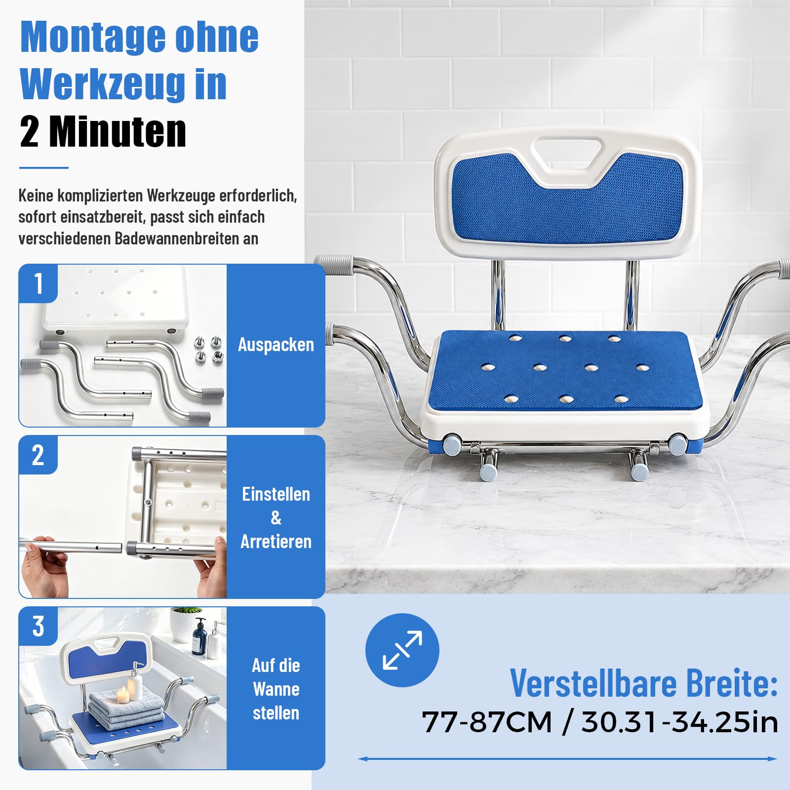 Asiento de bañera, taburete antideslizante para personas mayores con respaldo, soporta hasta 136 kg, silla de bañera para baños familiares, ancho de 76 a 86 cm, variable, para dimensiones interiores